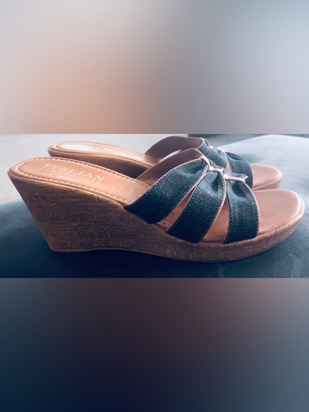 Italian Shoemakers Navy Denim and Tan Wedge Sandals/10 - Picture 2 of 8